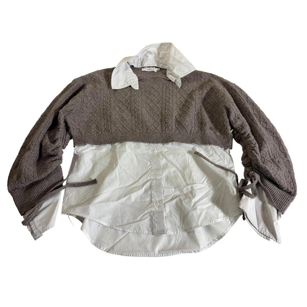 ASTR The Label Twofer Sweater Womens XS Brown White Cable‎ Knit Ruched Sleeve